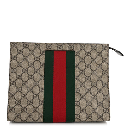 Gucci GG Supreme Monogram Selleria Calfskin Web New Web Cosmetic Case Beige Ebony Cocoa 1 of 9