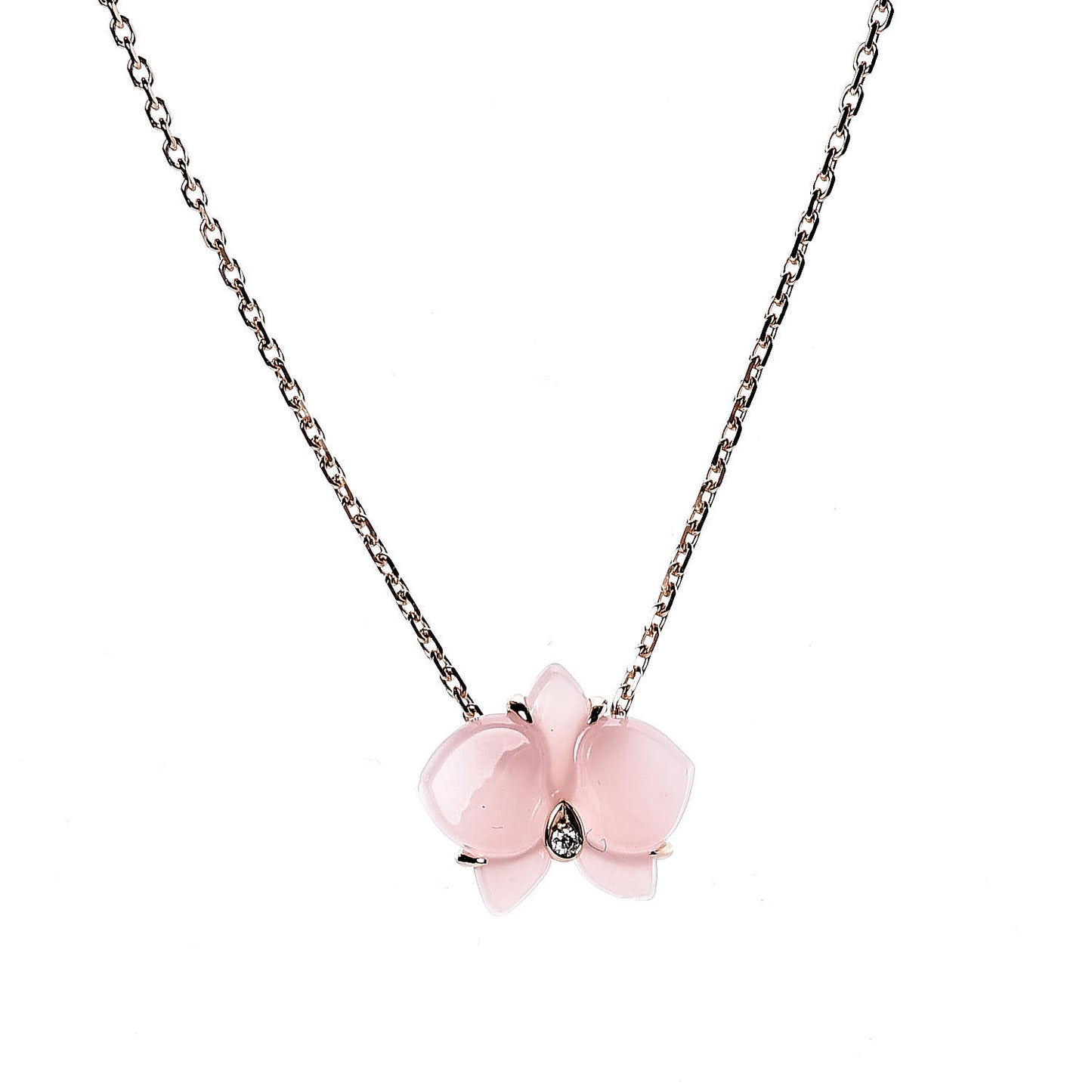 18K Pink Gold Rose Quartz Diamond Caresse D'Orchidees Par Pendant Necklace