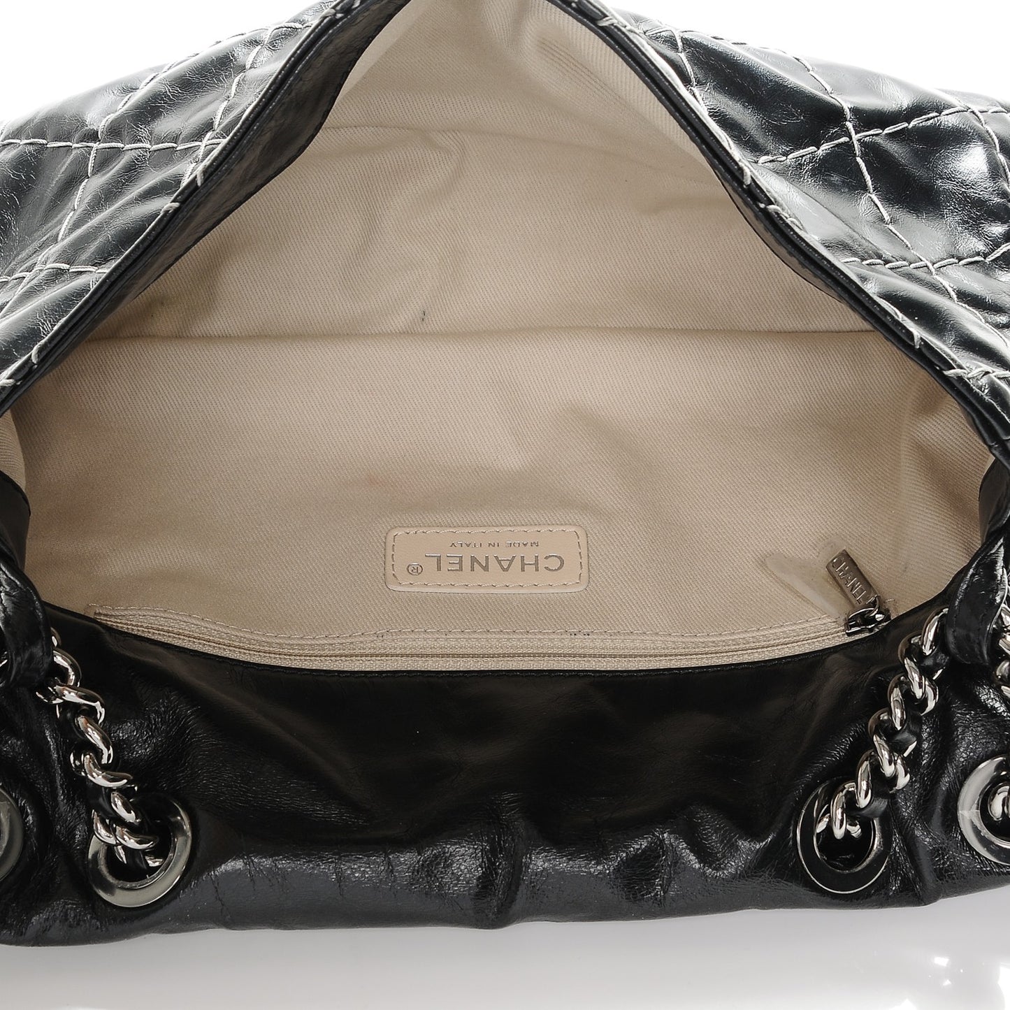 Glazed Goatskin Double Stitch Flap Black