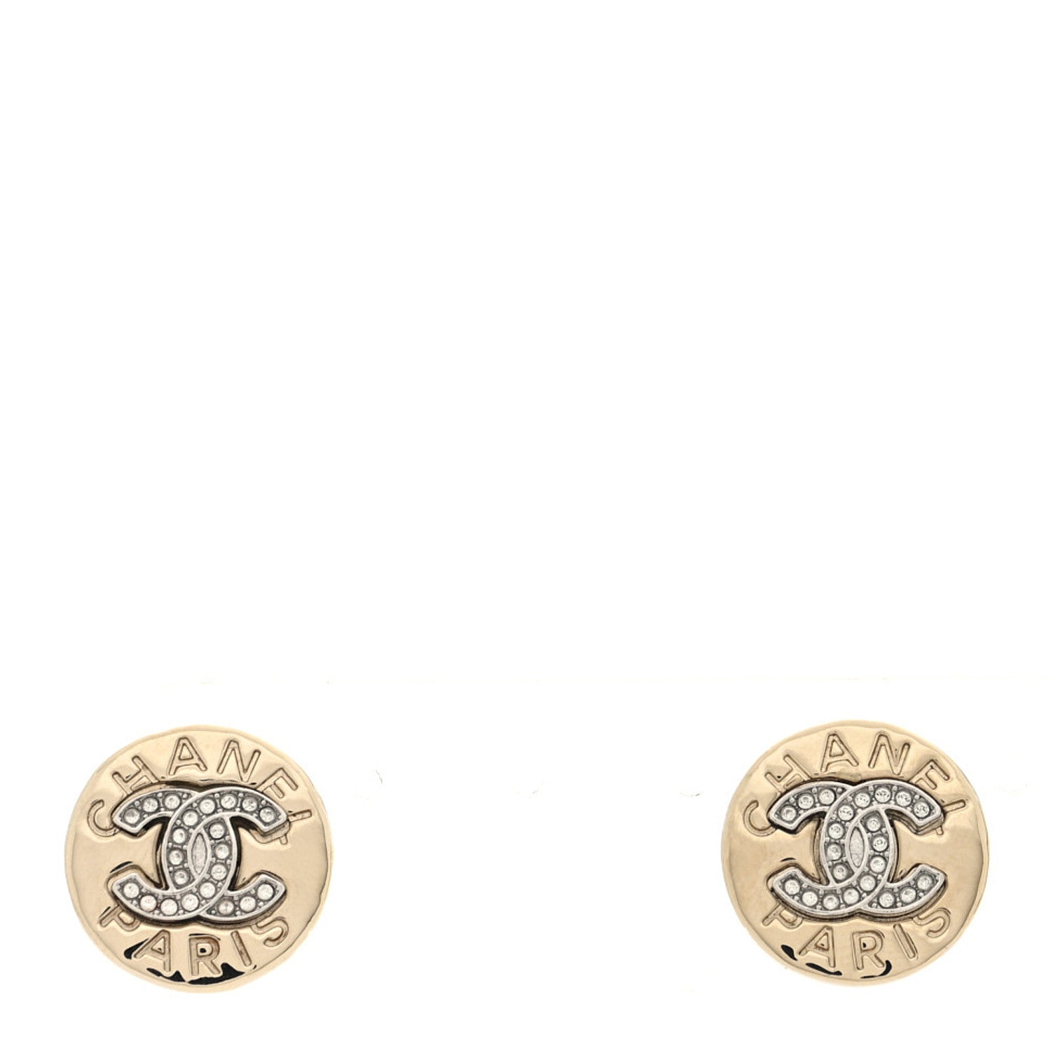 Chanel Metal Crystal CC Logo Round Earrings Gold Silver 1 of 5