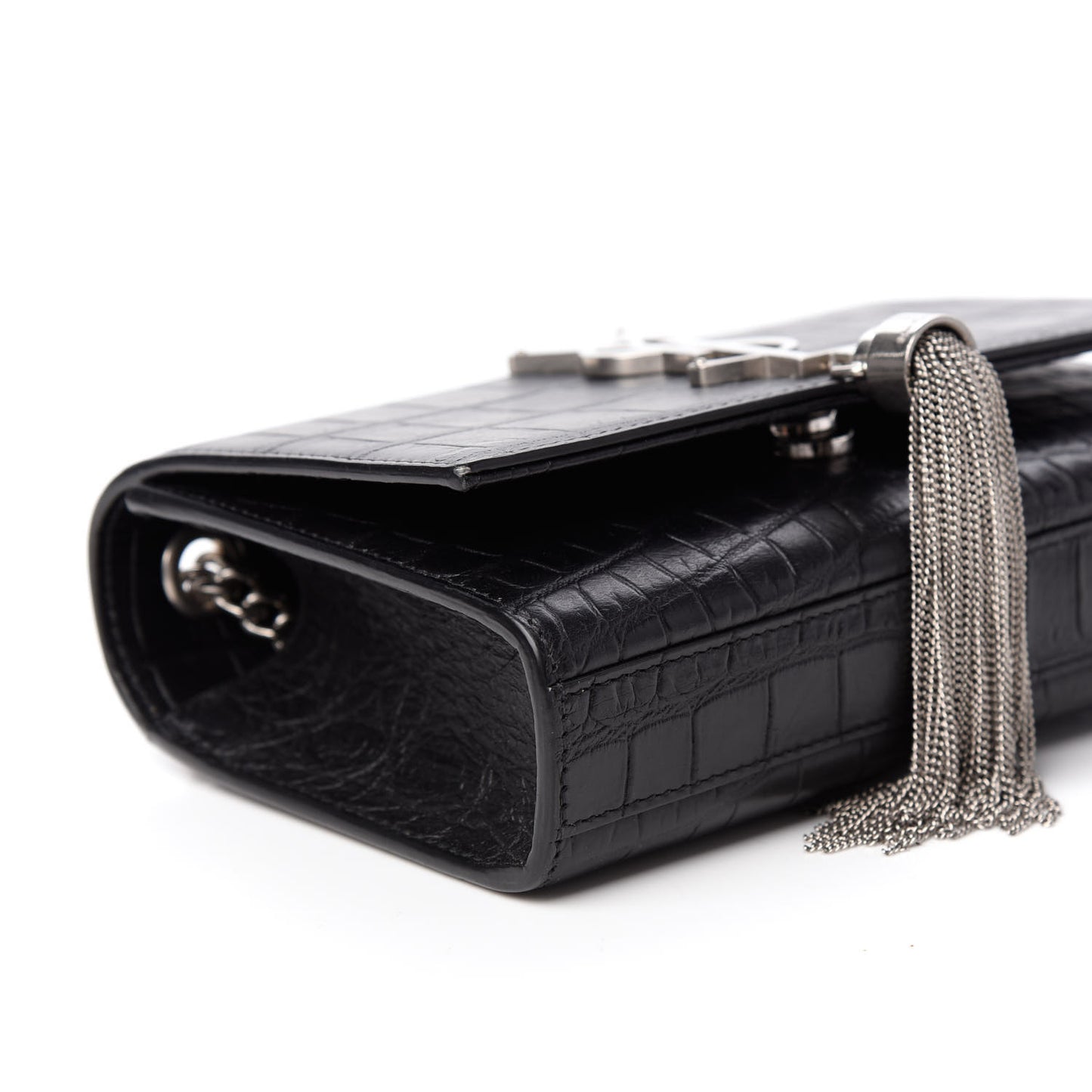 Calfskin Crocodile Embossed Monogram Small Kate Tassel Satchel Black