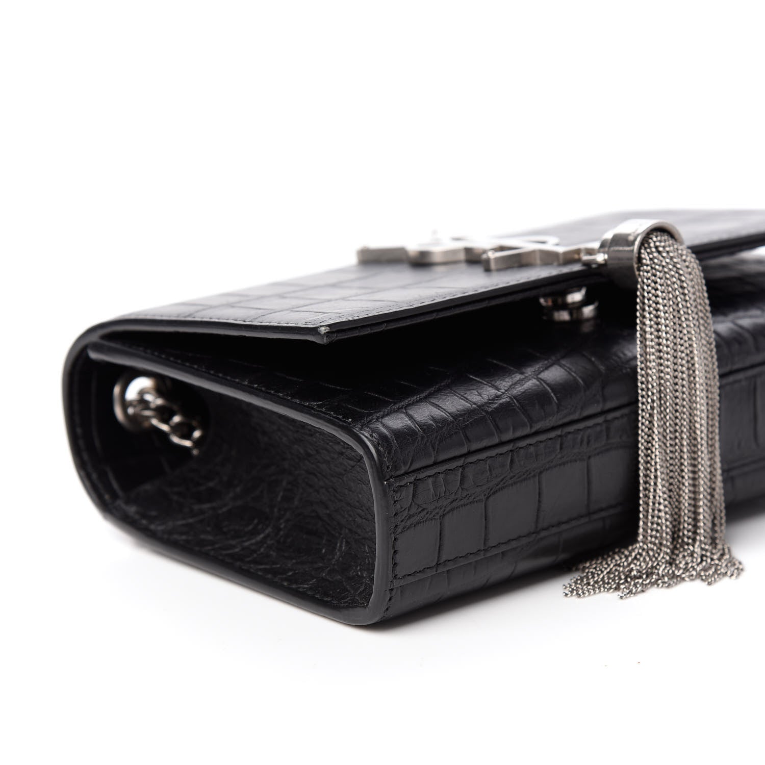 Saint Laurent Calfskin Crocodile Embossed Monogram Small Kate Tassel Satchel Black 7 of 8