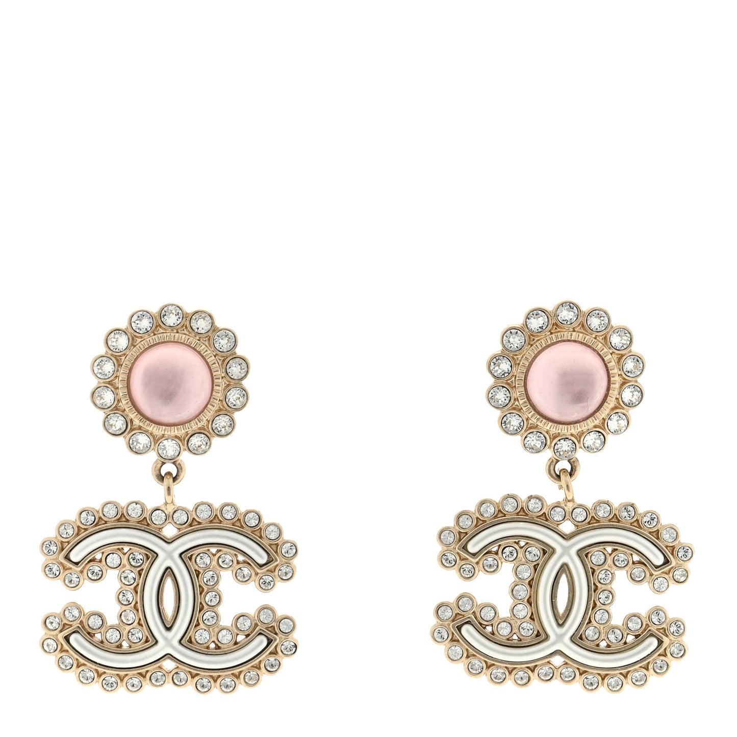 Metal Crystal Pearl CC Drop Earrings Pink Gold