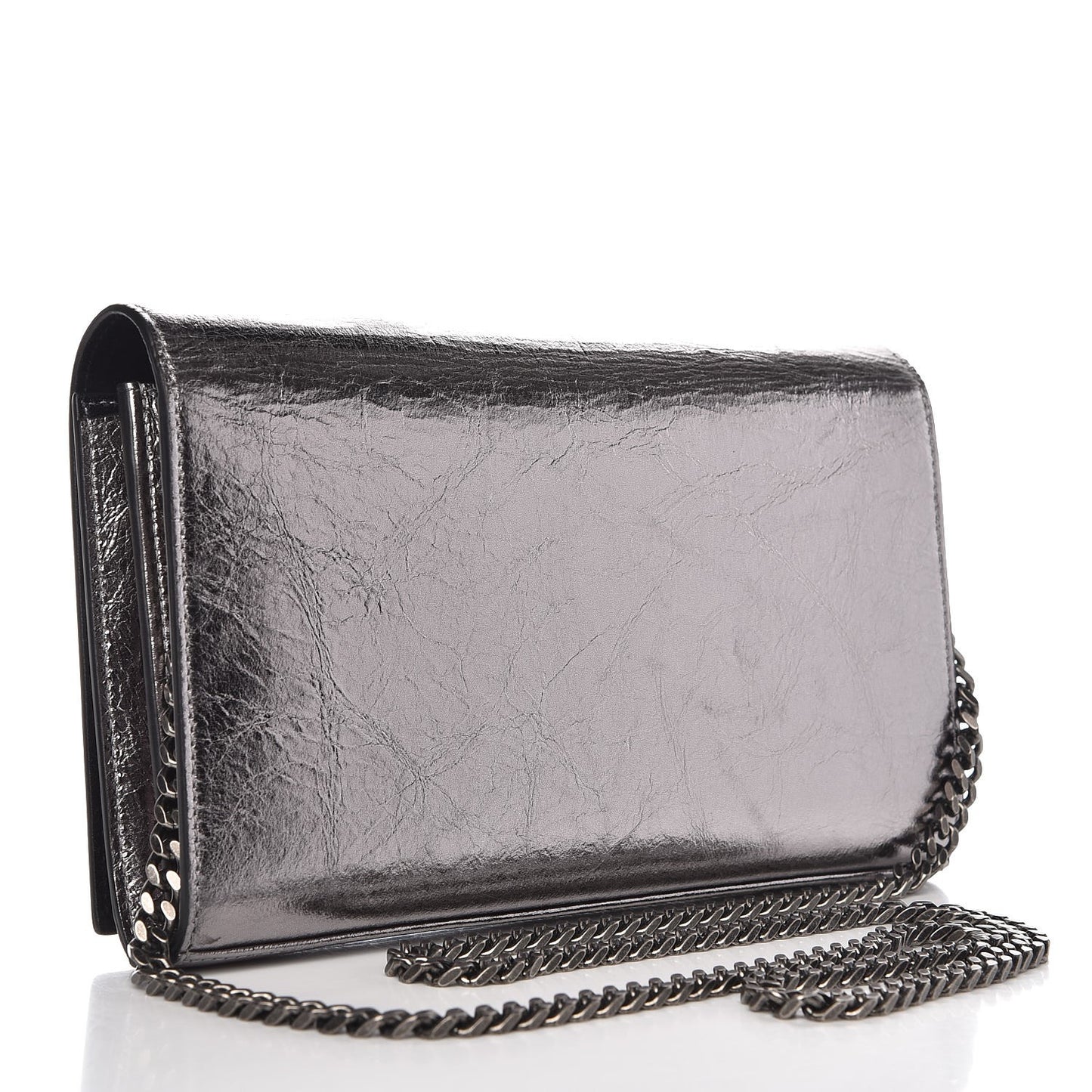 Metallic Crackled Calfskin Monogram Chain Wallet Acciaio Nero