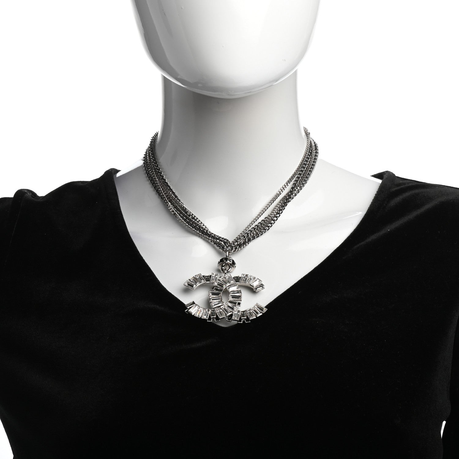 Chanel Baguette Crystal CC Multi Strand Pendant Necklace Silver 2 of 5