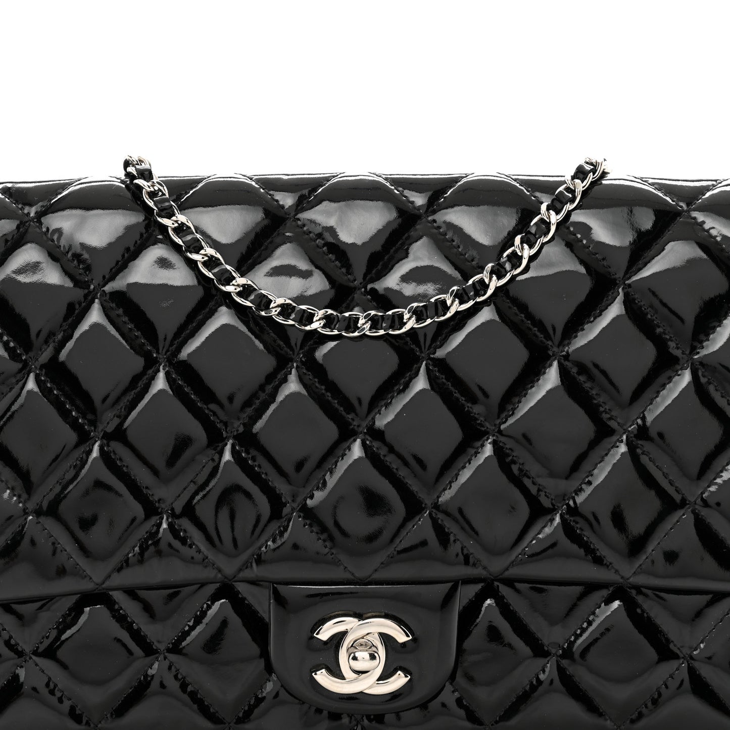 Patent Quilted Clutch with Chain Flap Black