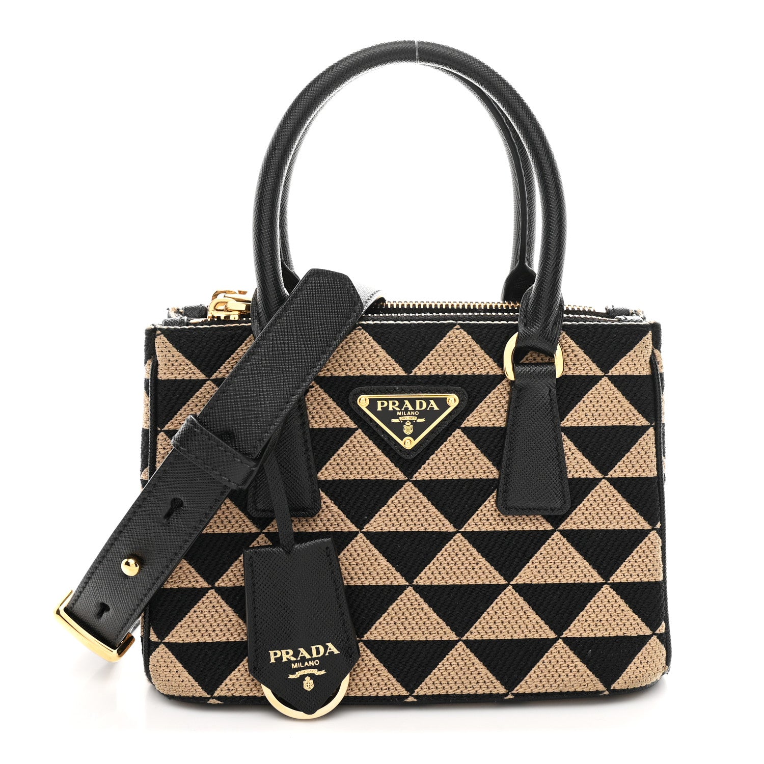Prada Jacquard Saffiano Triangolo Symbole Embroidered Mini Galleria Double Zip Tote Black Corda 1 of 10
