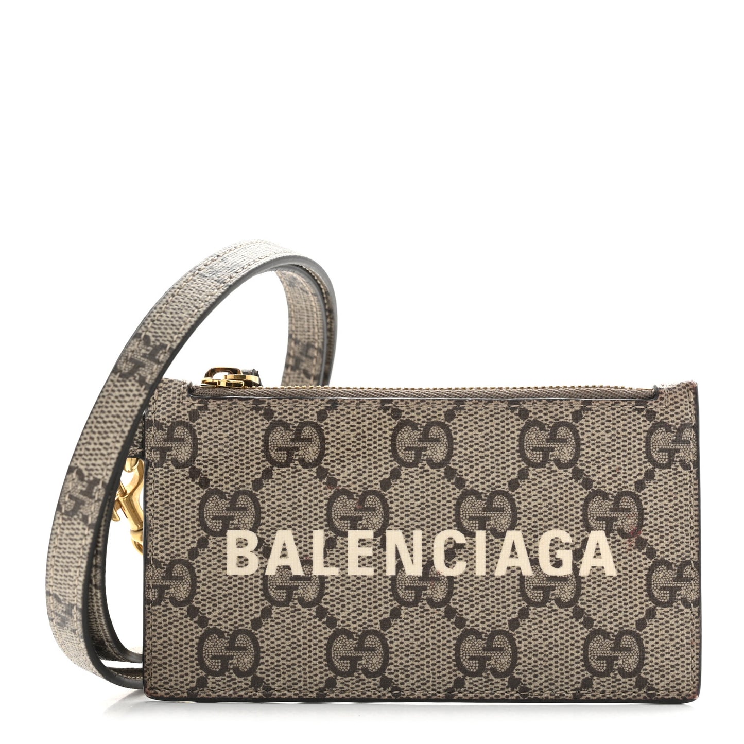 X BALENCIAGA GG Supreme Monogram Logo Card Case With Strap Beige Ebony