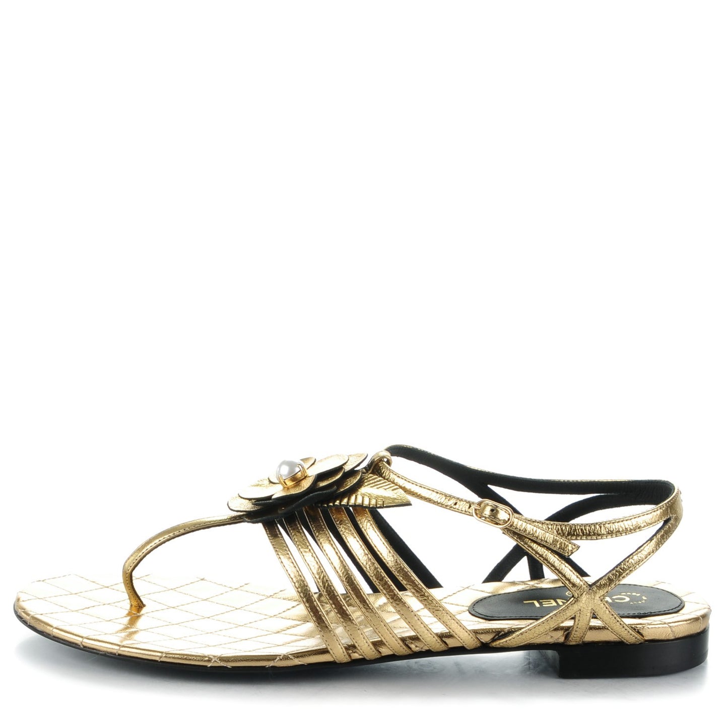 Crumpled Calfskin Camellia Pearl Thong Sandals 40 Gold