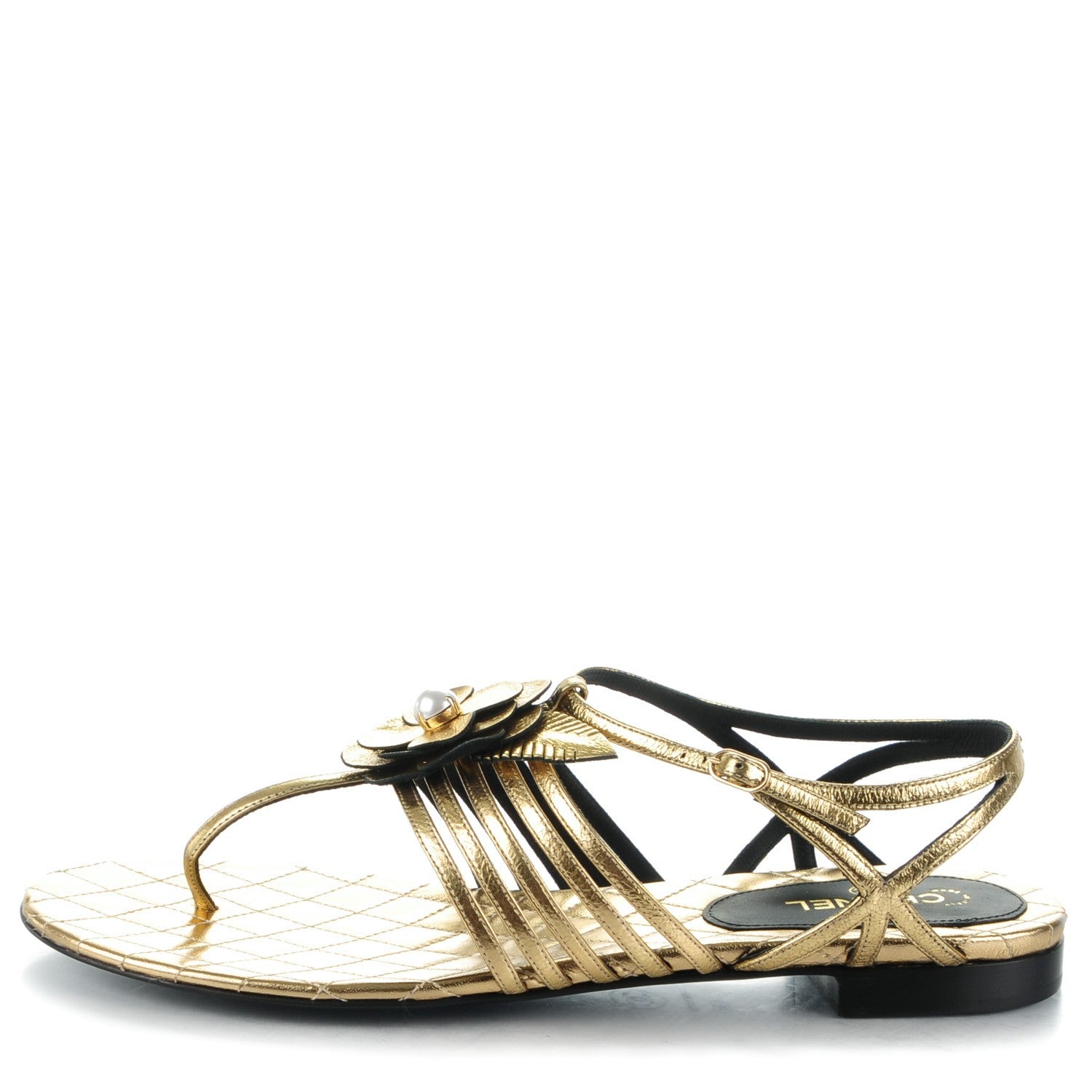 Chanel Crumpled Calfskin Camellia Pearl Thong Sandals 40 Gold 1 of 8