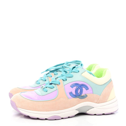 Chanel Nylon Lambskin Suede Calfskin CC Sneakers 39.5 Green Purple Pink 3 of 8