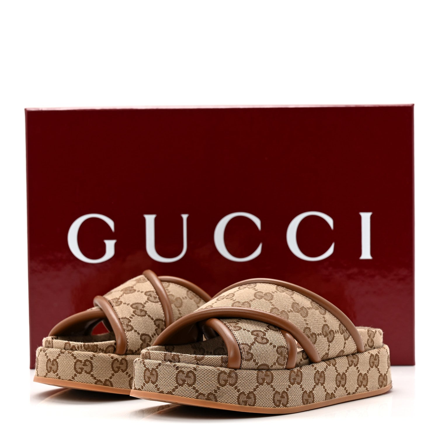 グッチ　GGキャンバス　ミュール　サンダルGUCCI GGロゴ ブラウン Gucci Monogram GG Calfskin Angelina Platform 55mm Slide Sandals 35