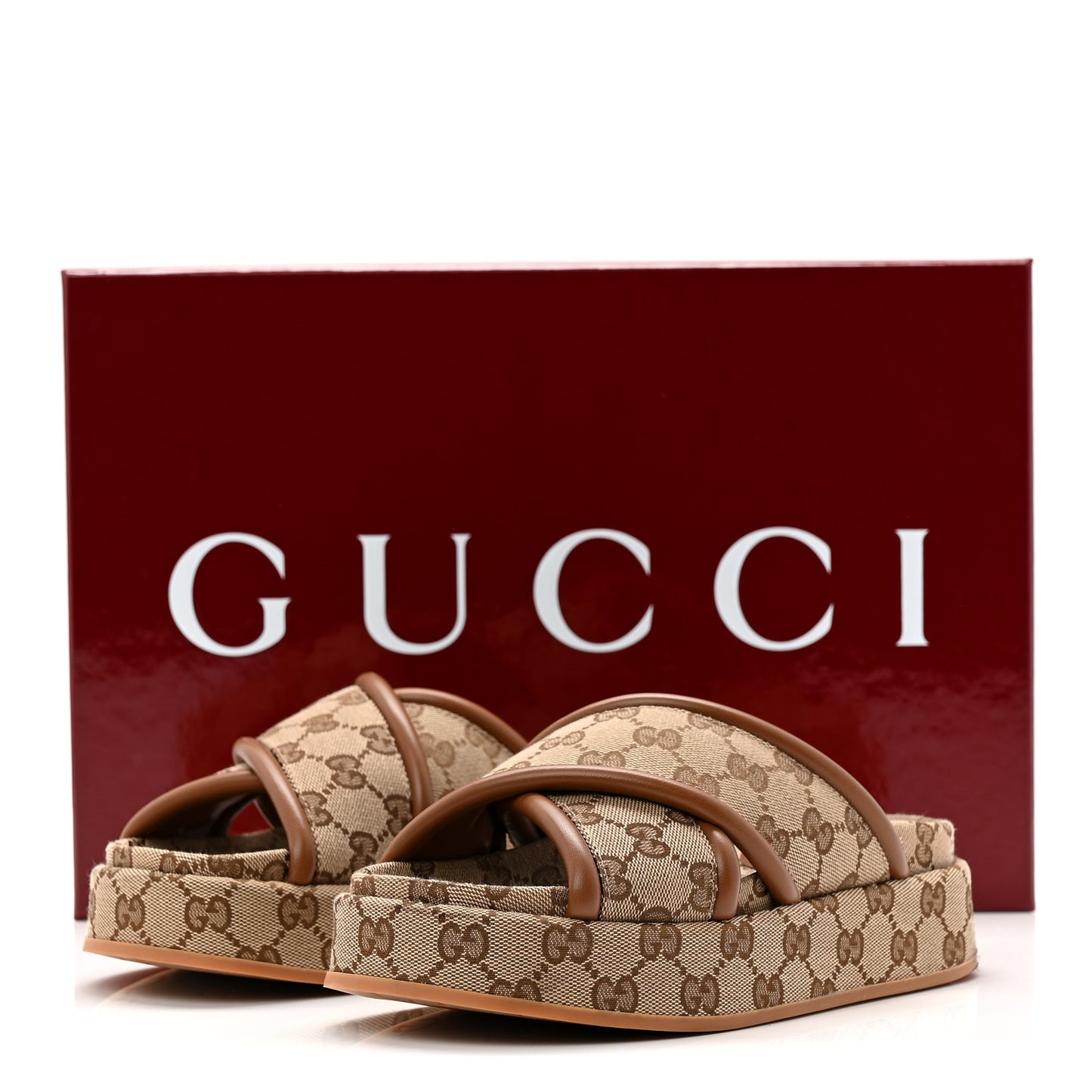 Monogram GG Calfskin Angelina Platform 55mm Slide Sandals 38.5 Camel Ebony 35 Camel Ebony
