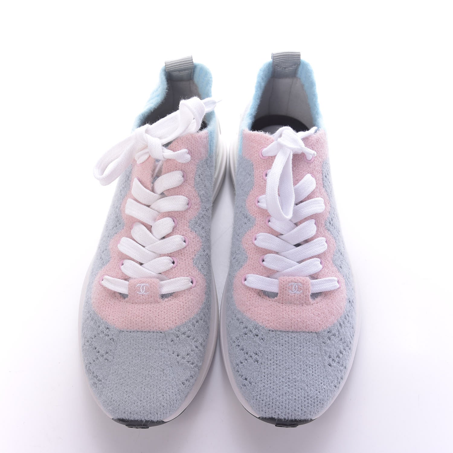 Chanel Mixed Fabrics Knit Sneakers 37 Grey Pink Blue 6 of 10