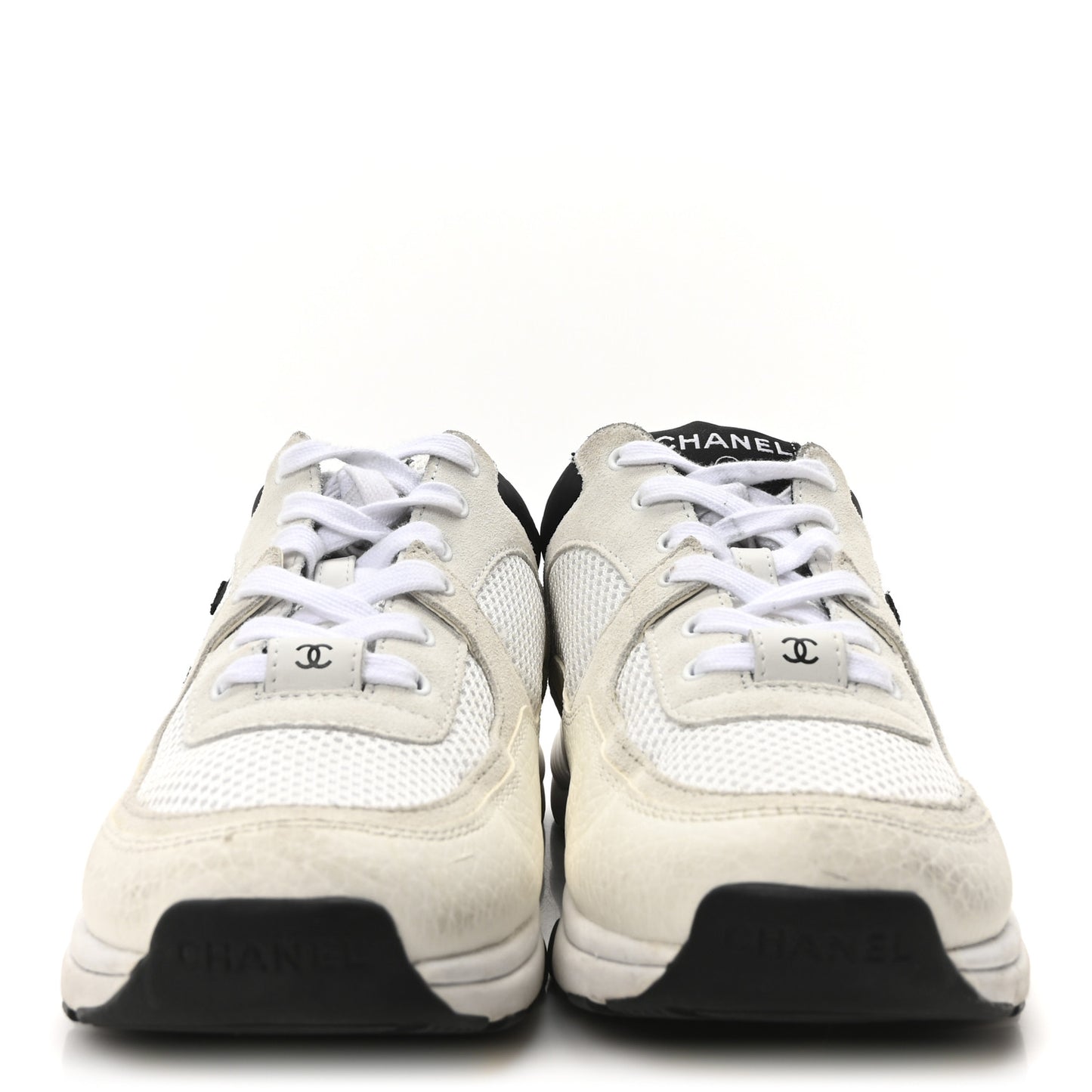 Mesh Suede Calfskin Grained Calfskin Womens CC Sneakers 39 White Black