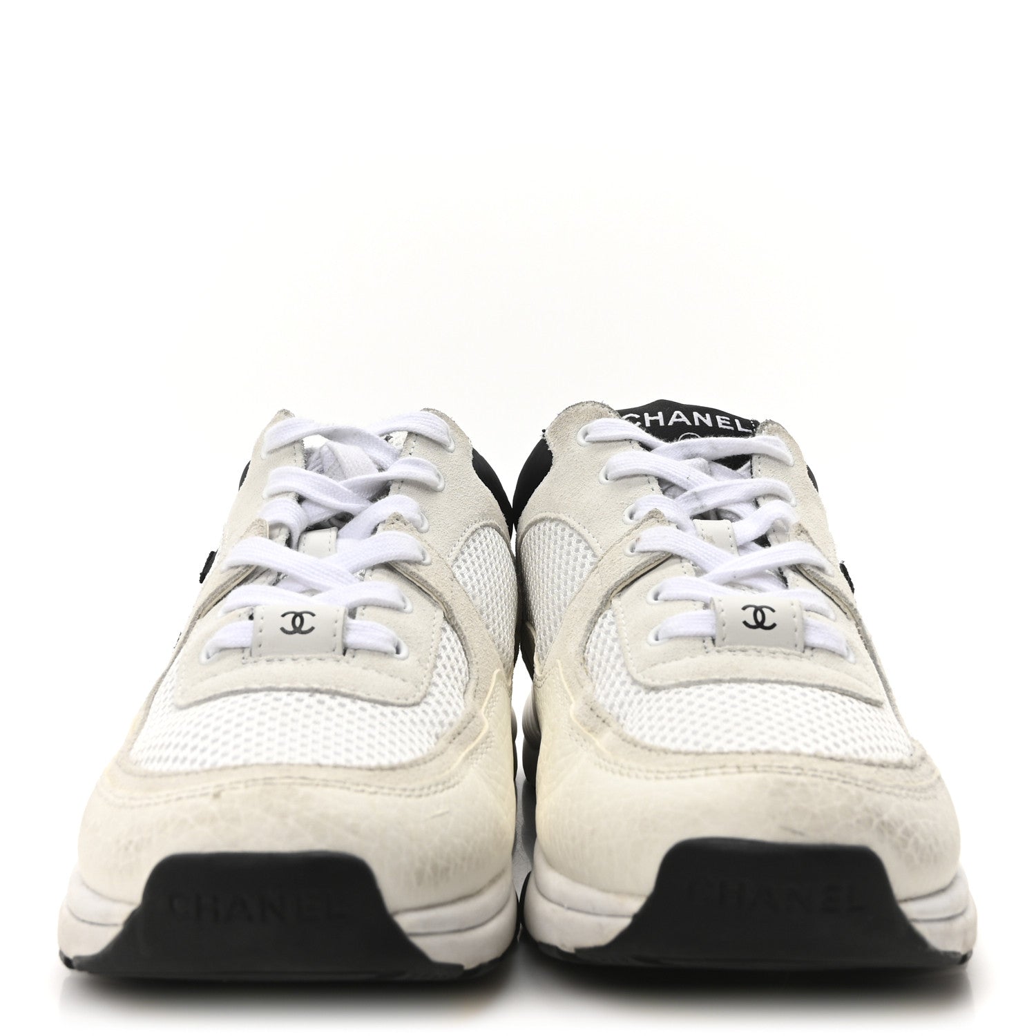 Chanel Mesh Suede Calfskin Grained Calfskin Womens CC Sneakers 39 White Black 3 of 9