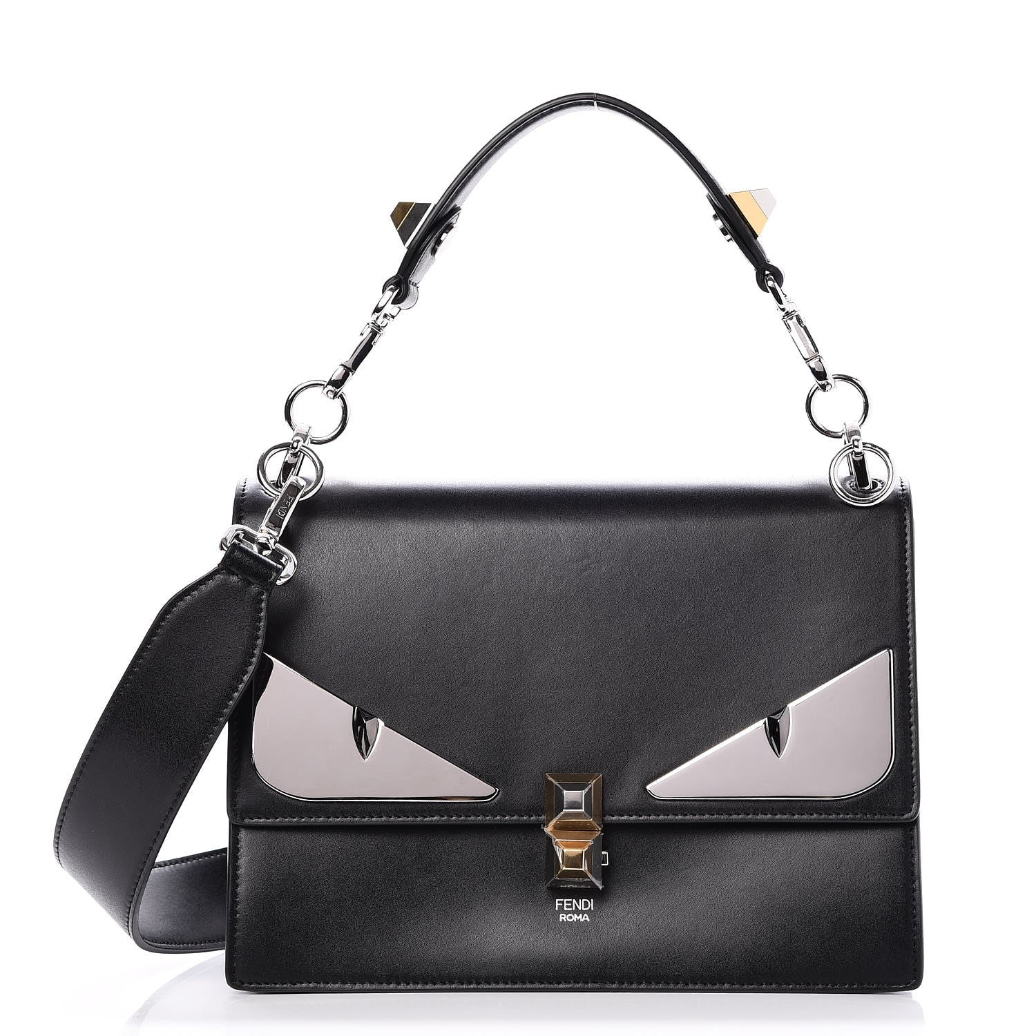Fendi Vitello Liberty Lucido Metal Monster Eyes Studded Kan I Shoulder Bag Black 1 of 9