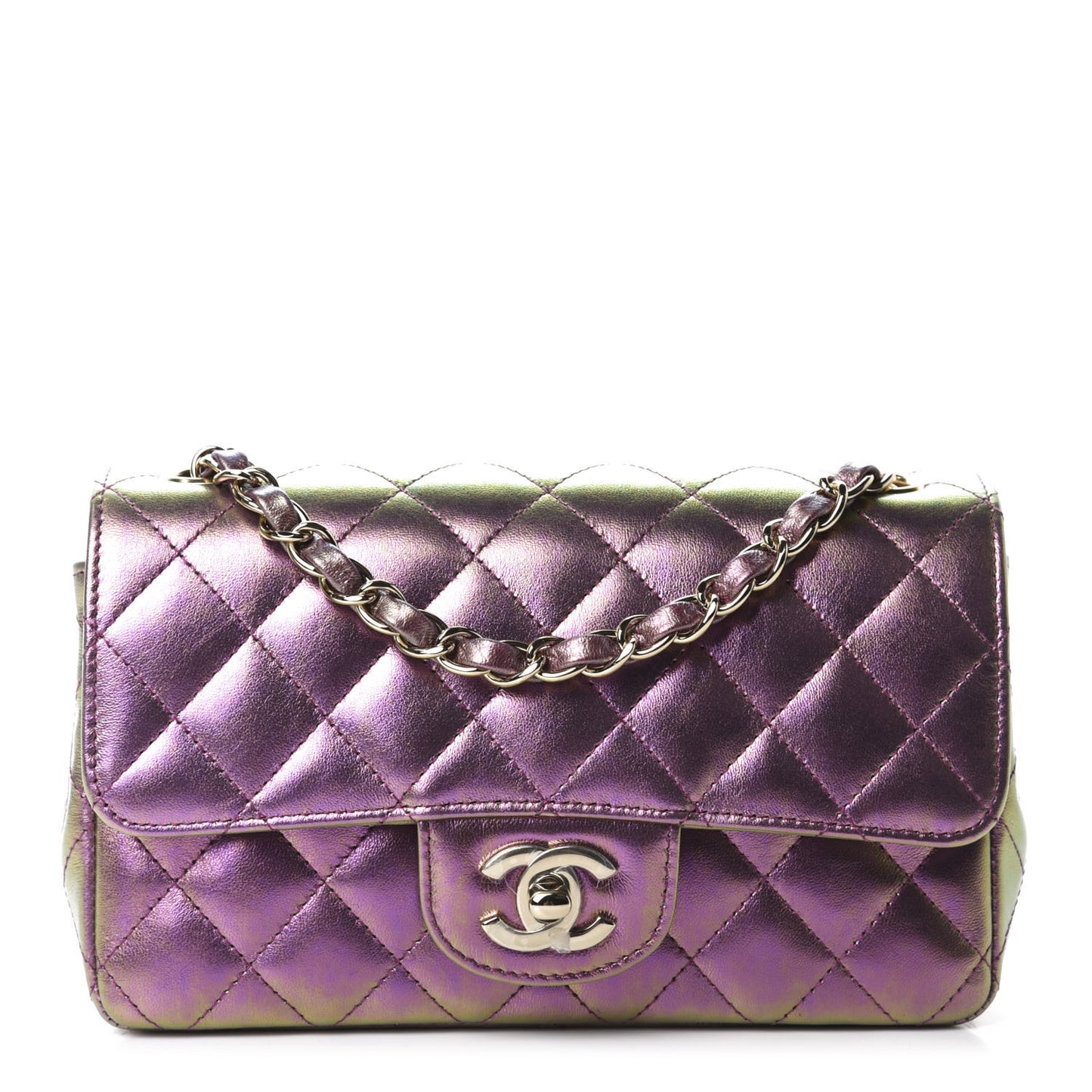 Iridescent Lambskin Quilted Mini Rectangular Flap Purple