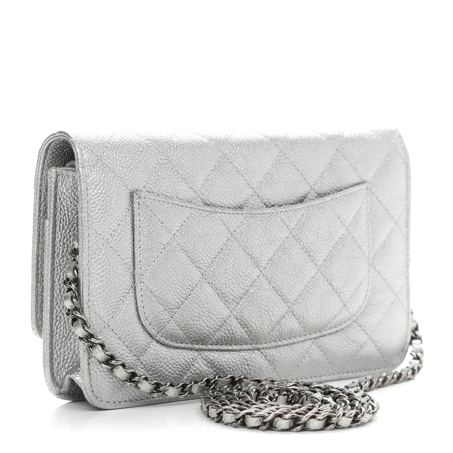 Metallic Caviar Quilted Wallet on Chain WOC Silver