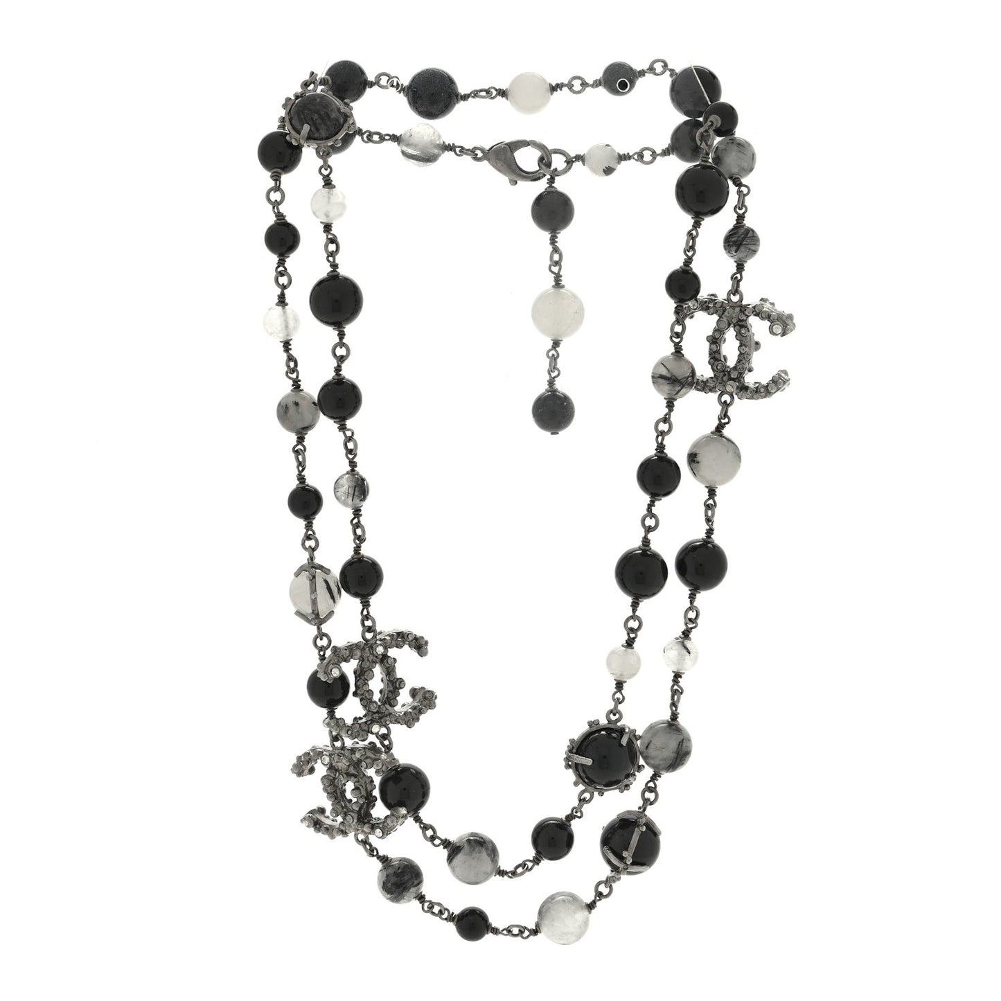 Crystal Bead CC Long Necklace Silver Black