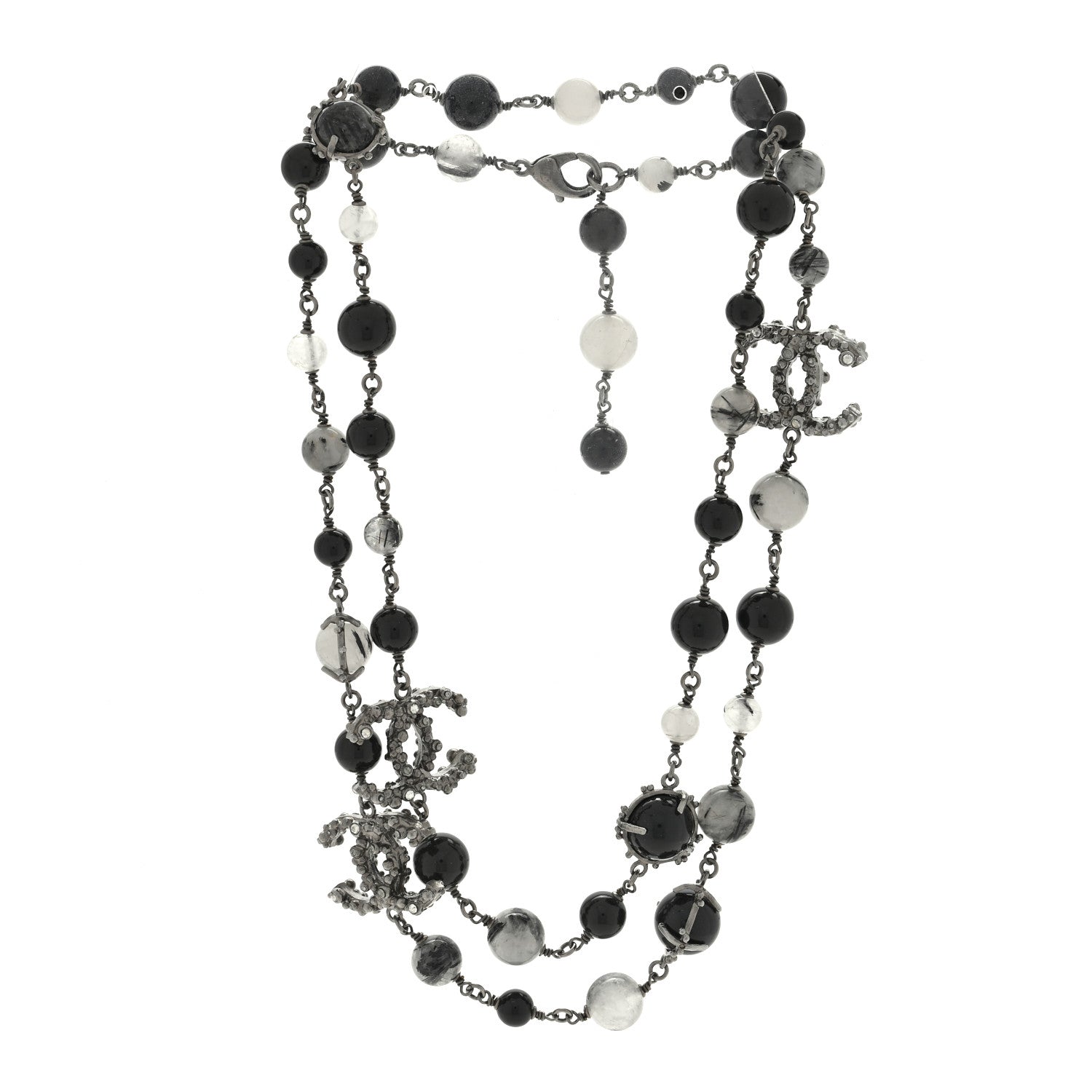 Chanel Crystal Bead CC Long Necklace Silver Black 3 of 4