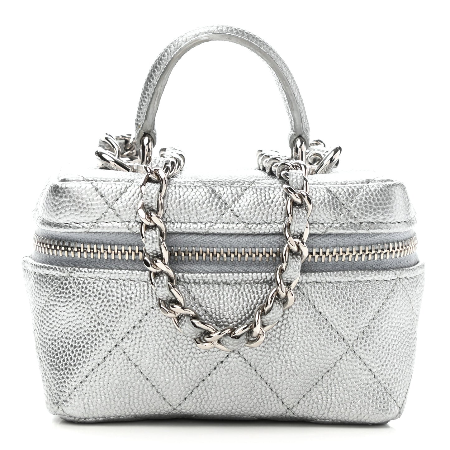 Metallic Caviar Quilted Mini Top Handle Vanity With Chain Silver