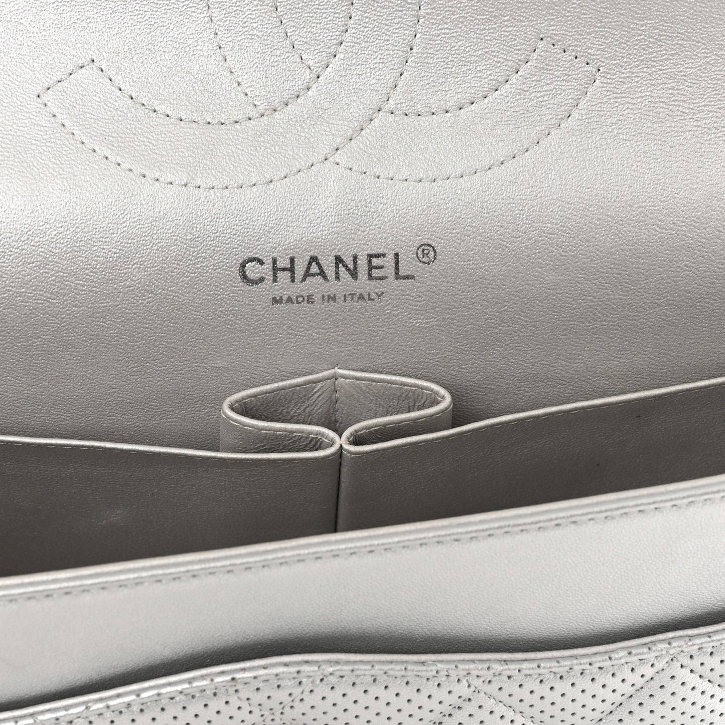 Metallic Perforated Lambskin Quilted Jumbo Double Flap Light Silver