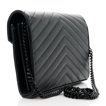 Saint Laurent Grain De Poudre Matelasse Chevron Monogram Monochrome Chain Wallet Black 3 of 15