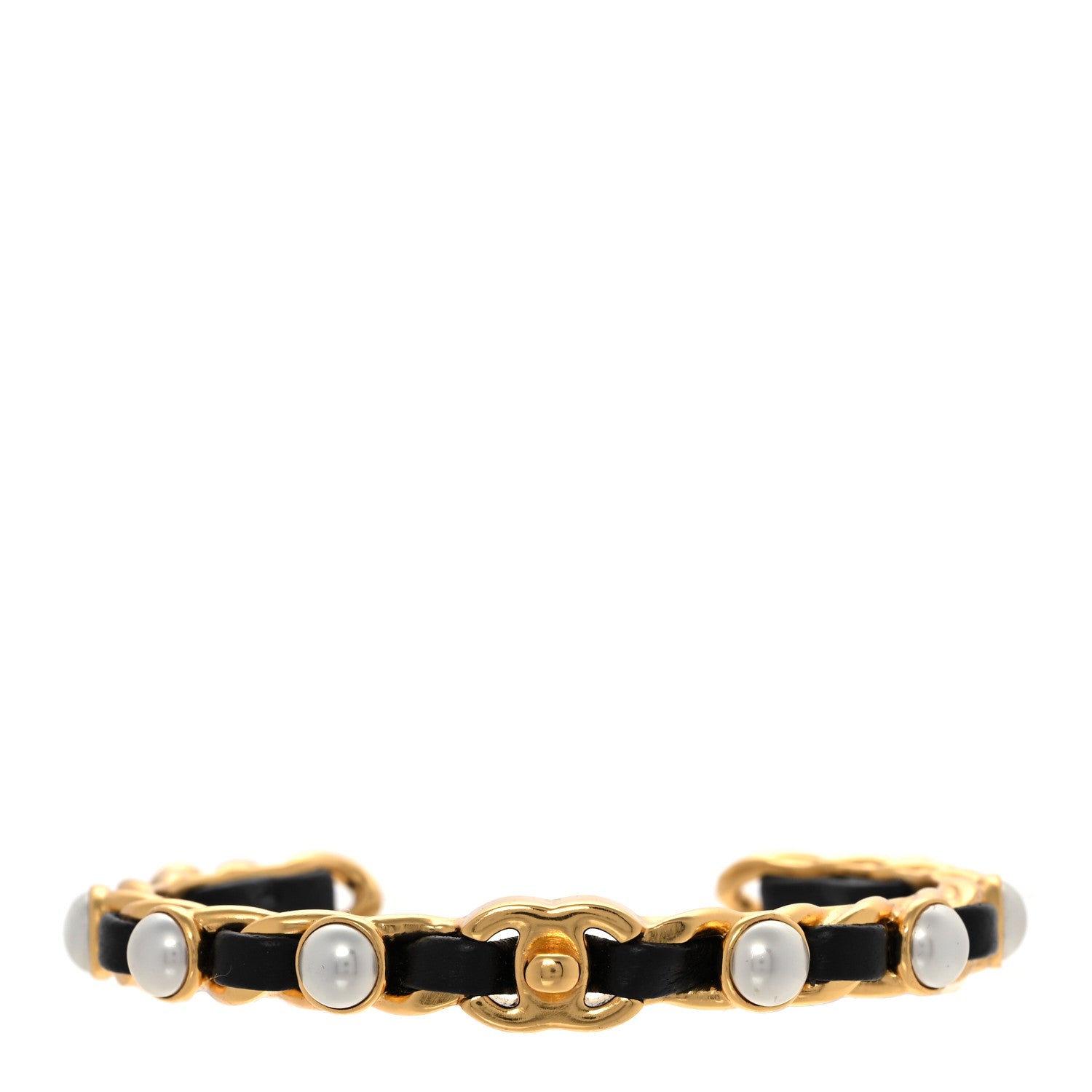 Chanel Lambskin Pearl CC Cuff Bracelet M Black Gold 1 of 4