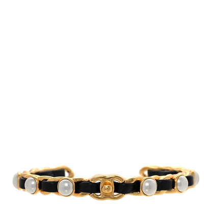 Chanel Lambskin Pearl CC Cuff Bracelet M Black Gold 1 of 4