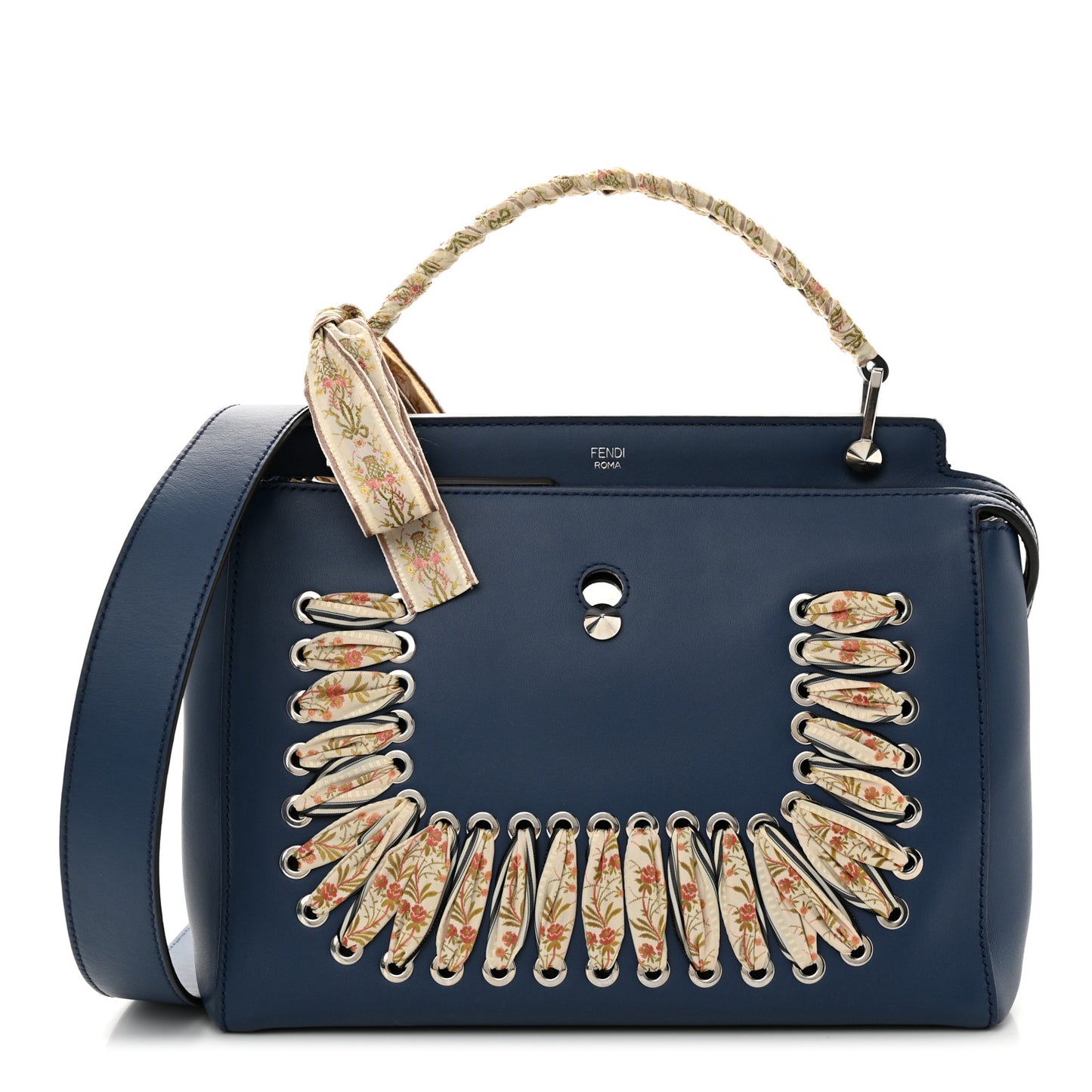 Vitello Baltico Ribbon Lace Up Floral DotCom Click Chain Satchel Blue Multicolor