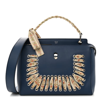 Fendi Vitello Baltico Ribbon Lace Up Floral DotCom Click Chain Satchel Blue Multicolor 1 of 11
