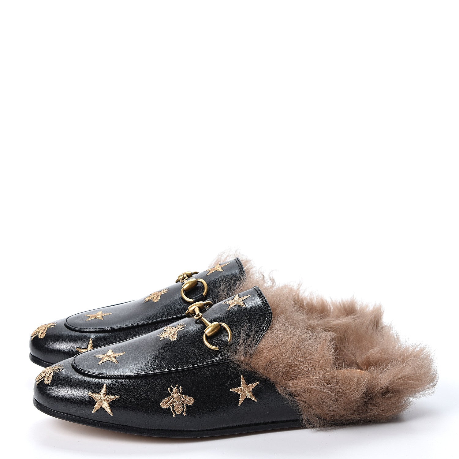 Gucci Goatskin Fur Bee Star Embroidered Womens Princetown Slippers 36 Black 3 of 10