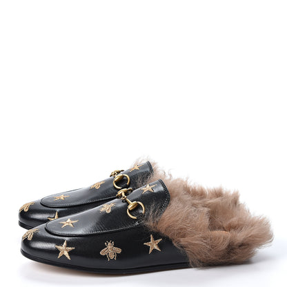 Gucci Goatskin Fur Bee Star Embroidered Womens Princetown Slippers 36 Black 3 of 10