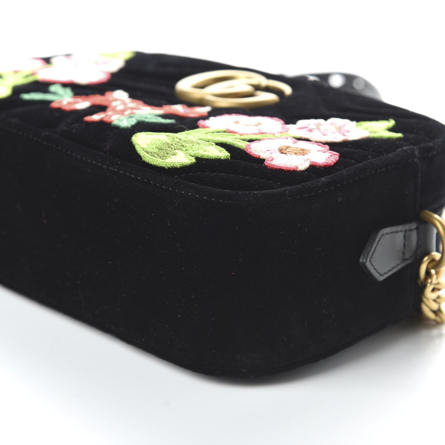 Velvet Matelasse Deer Embroidered Small GG Marmont Chain Shoulder Bag Black