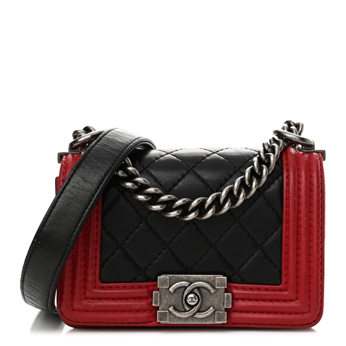 Calfskin Quilted Mini Boy Flap Black Red