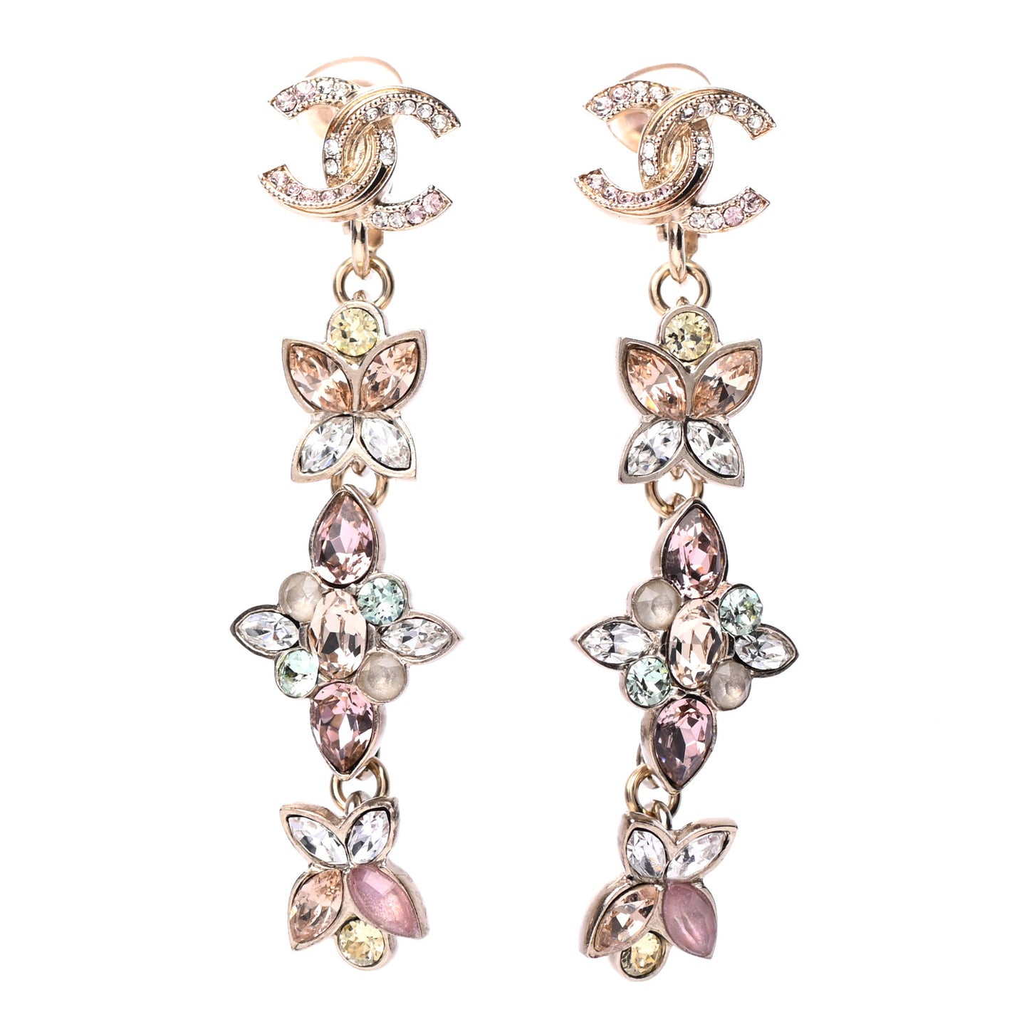Crystal CC Clip On Drop Earrings Gold