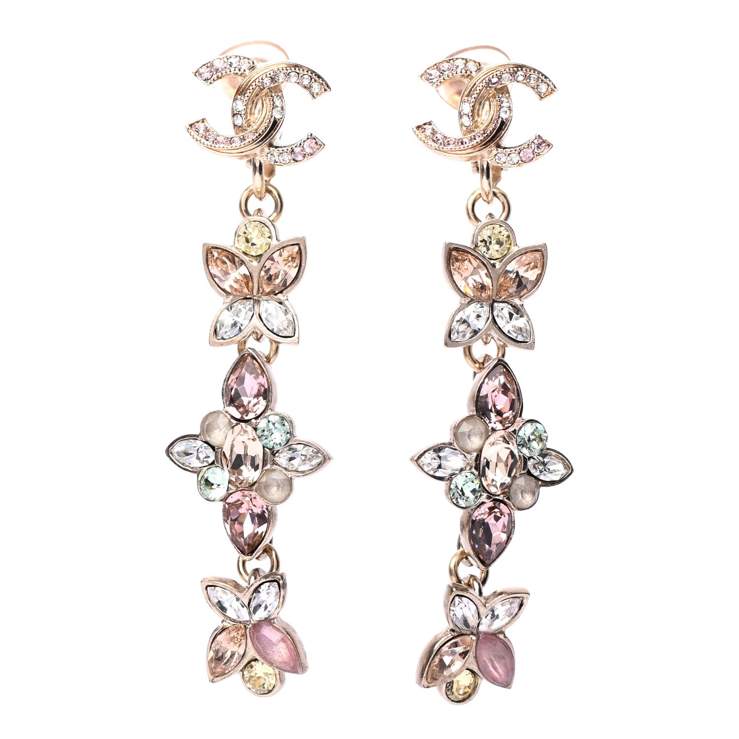 Chanel Crystal CC Clip On Drop Earrings Gold 1 of 4