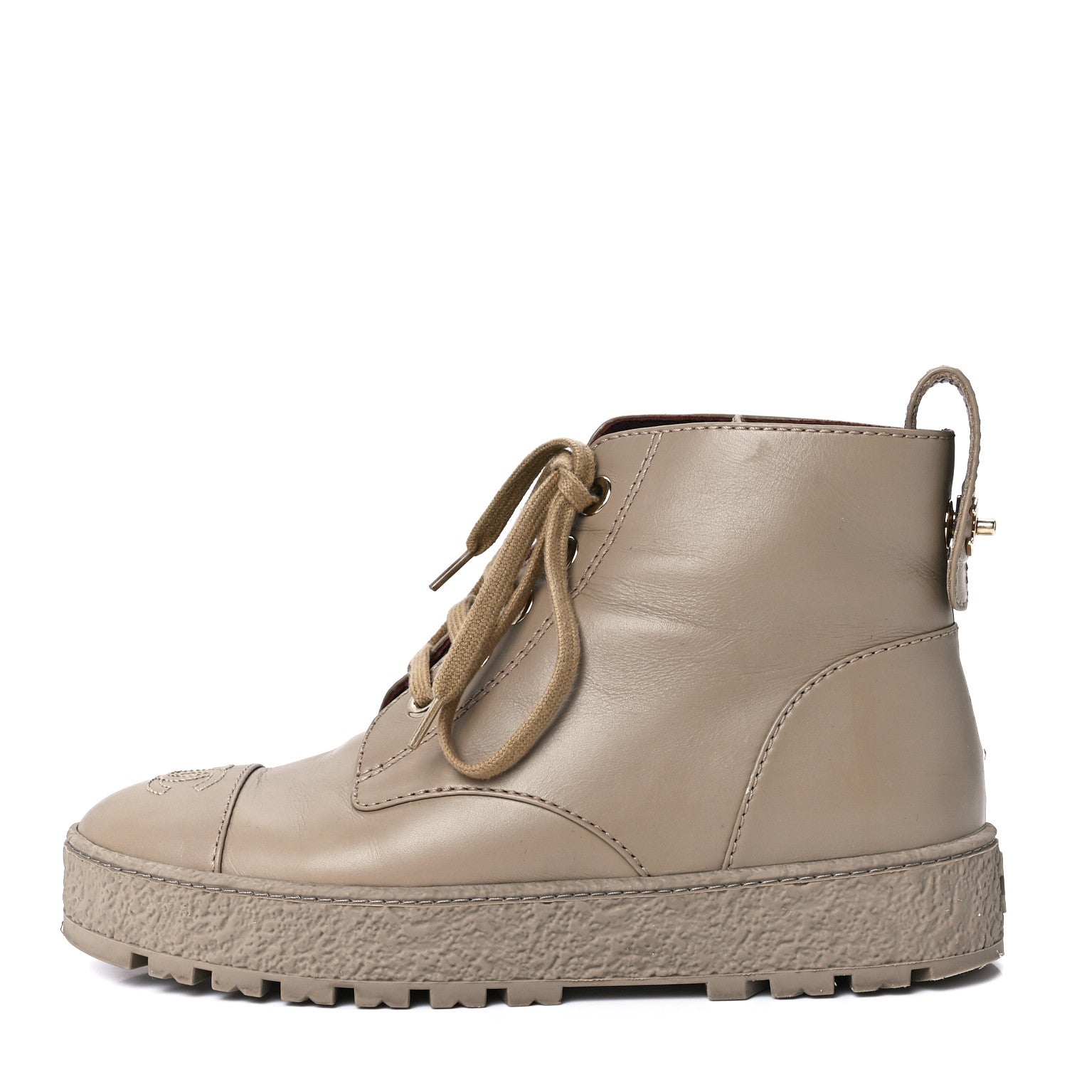 Chanel Calfskin CC Turnlock Lace Up Boots 37.5 Beige 1 of 10