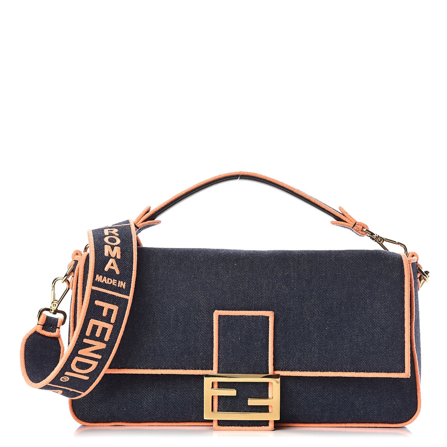 Fendi Denim Large Baguette Blue Arancio Fluo 1 of 15