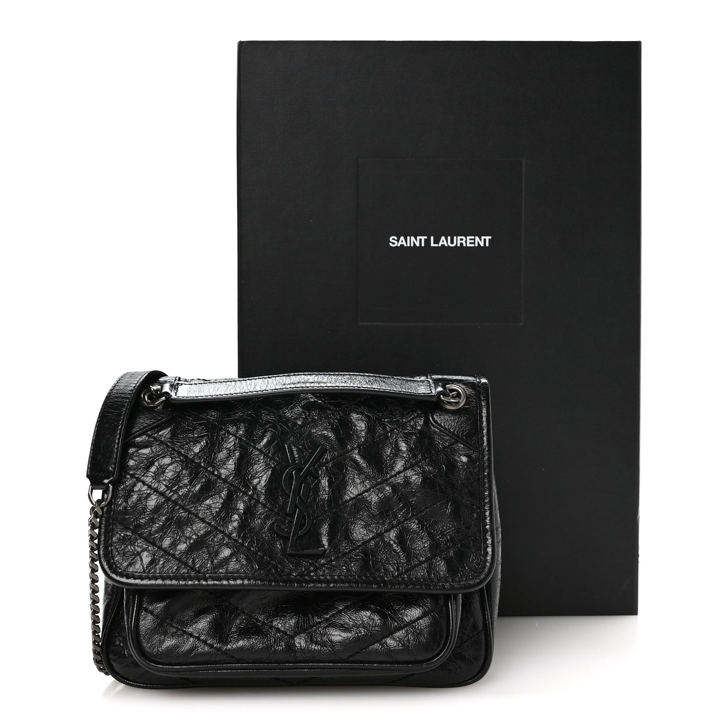Crinkled Calfskin Matelasse Monogram Baby Niki Chain Satchel Black