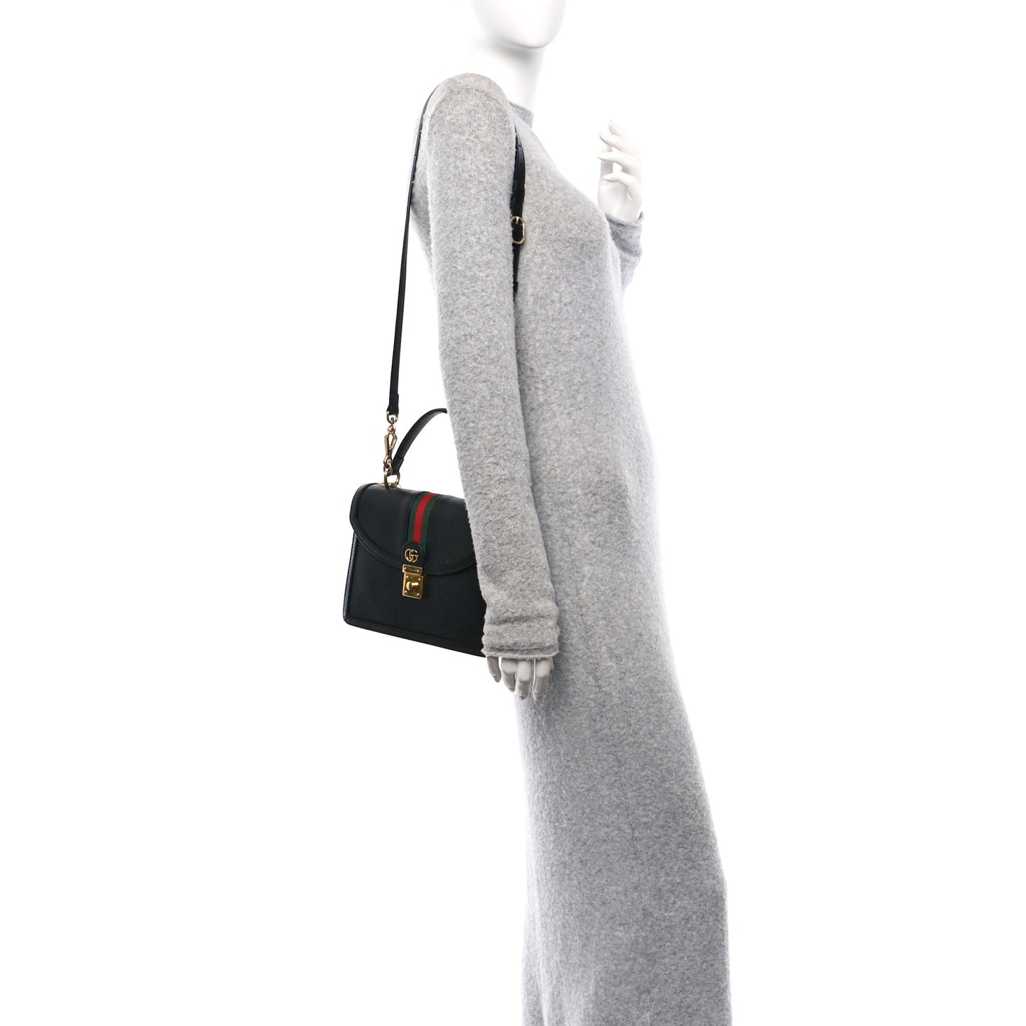 Textured Dollar Calfskin Web Small Ophidia Padlock Top Handle Bag Black