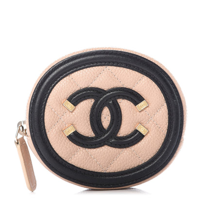 Chanel Caviar Quilted Filigree Zip Around Classic Coin Purse Beige Black 1 of 7