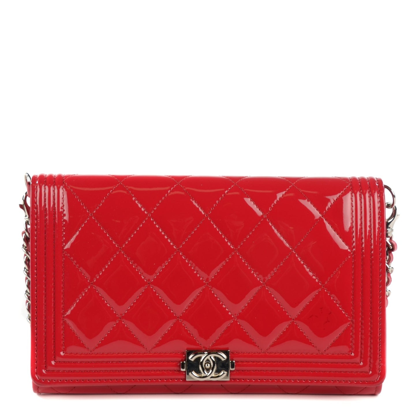 Patent Calfskin Quilted Boy Wallet on Removable Chain Red