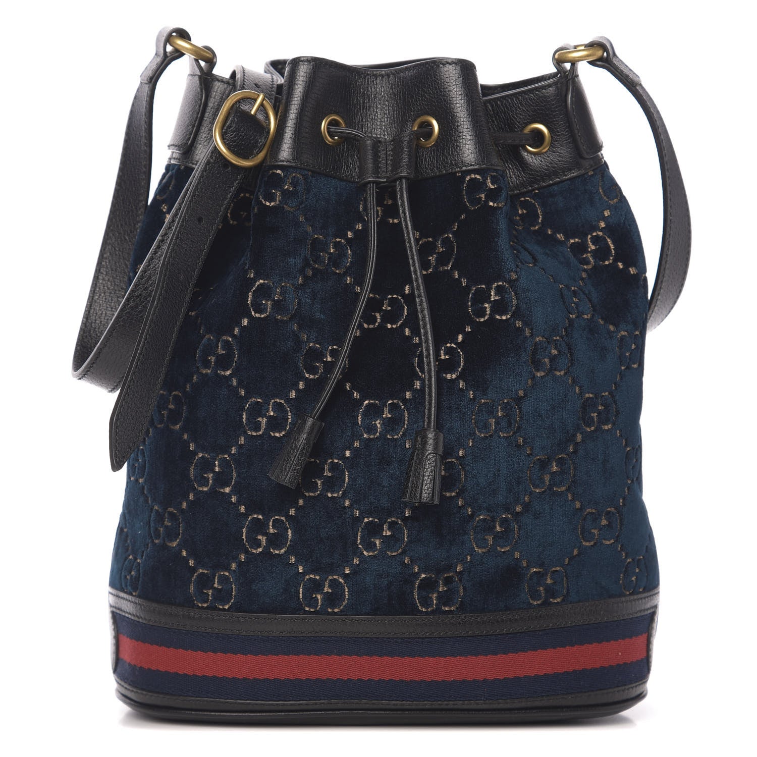 Gucci Velvet GG Monogram Web Bucket Bag Blue Beige 1 of 10