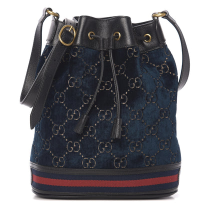 Gucci Velvet GG Monogram Web Bucket Bag Blue Beige 1 of 10