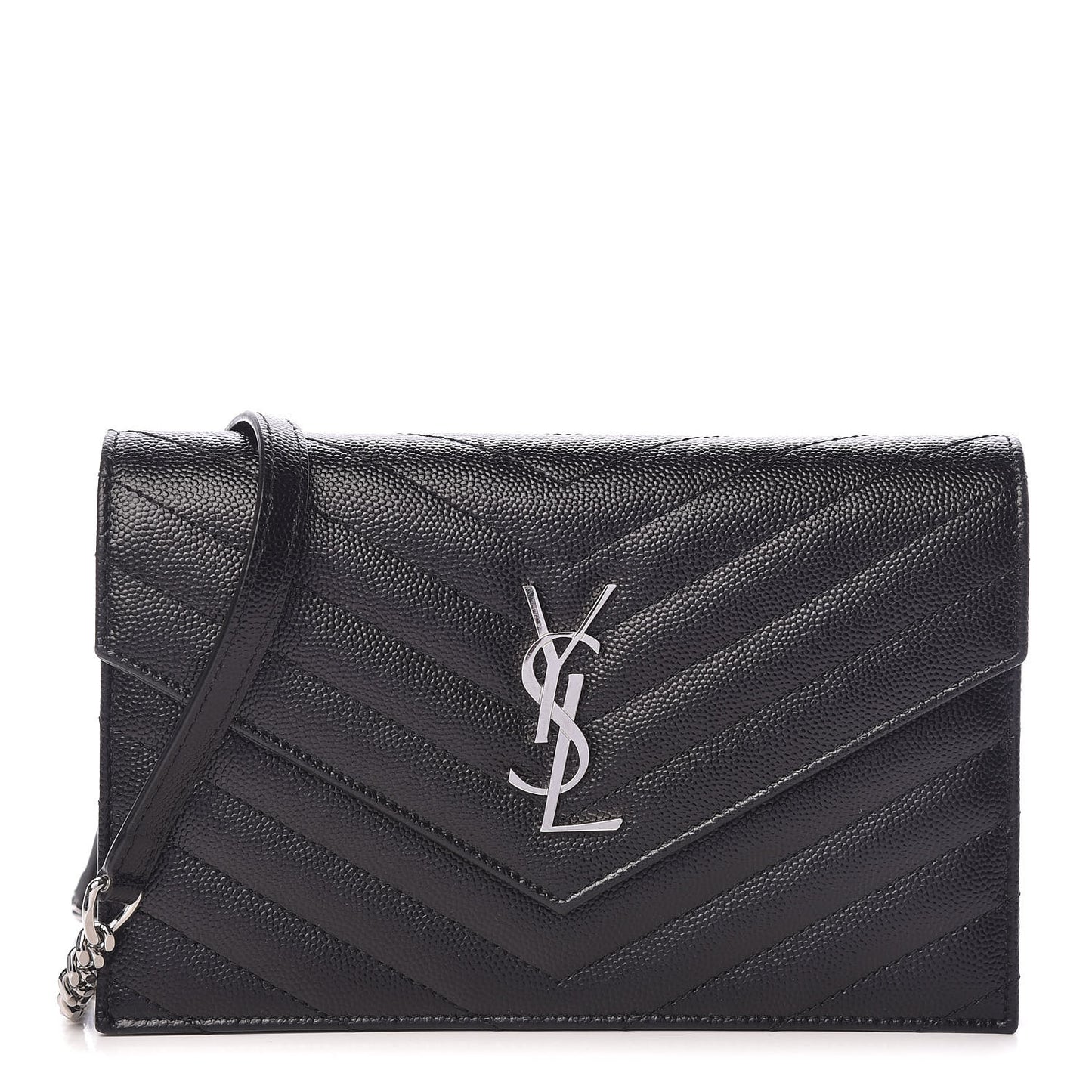 Grain De Poudre Matelasse Chevron Monogram Envelope Chain Wallet Black