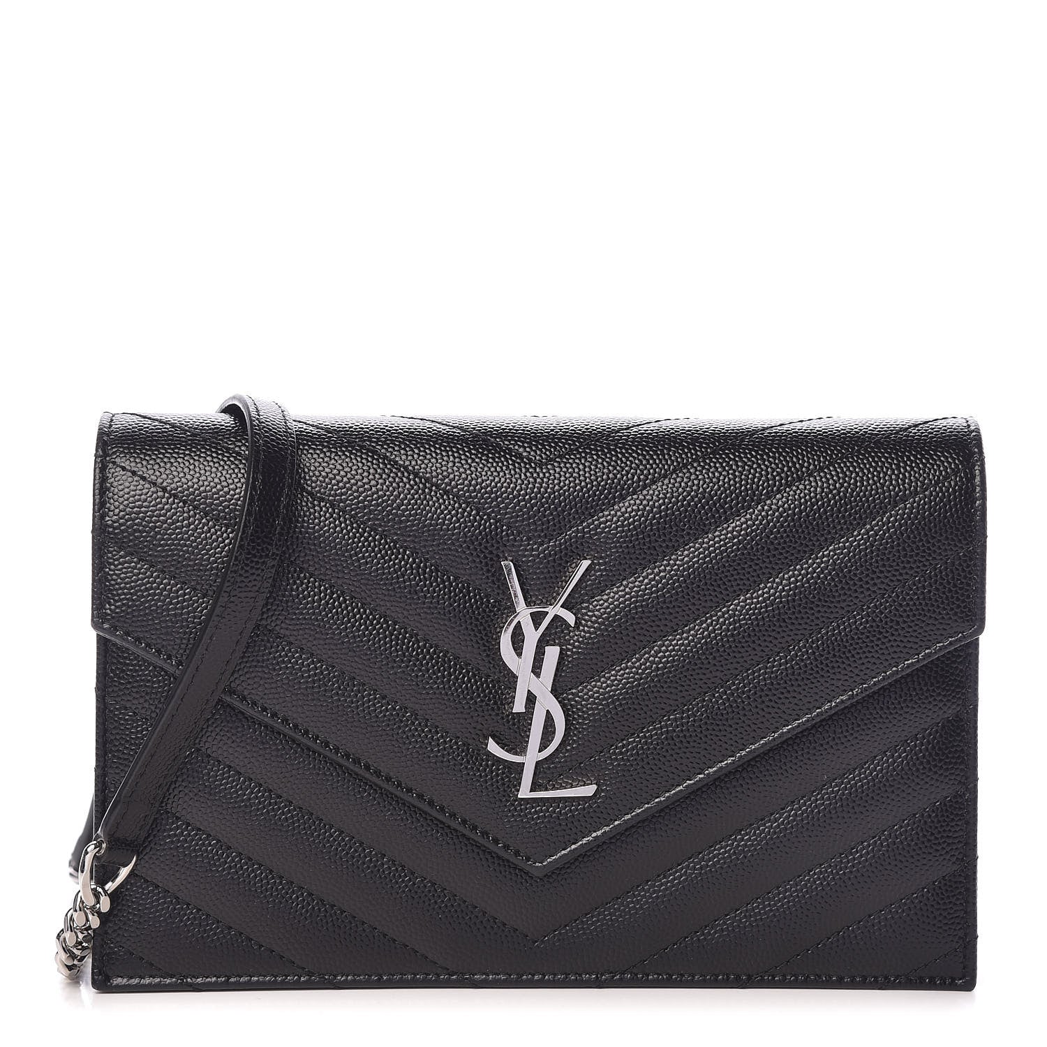 Saint Laurent Grain De Poudre Matelasse Chevron Monogram Envelope Chain Wallet Black 1 of 10