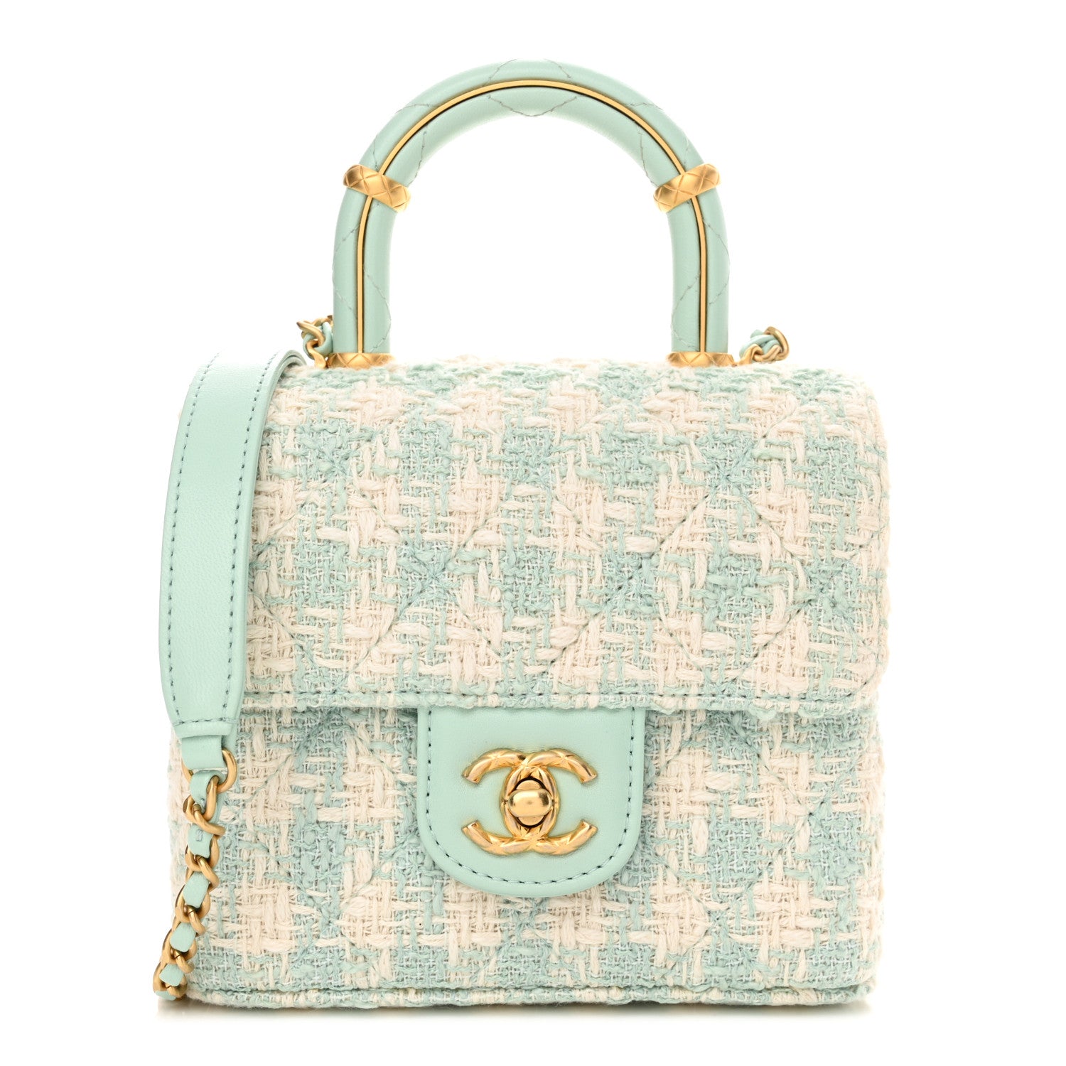 Chanel Tweed Handle Crush Top Handle Flap Bag Light Blue Ecru 1 of 12