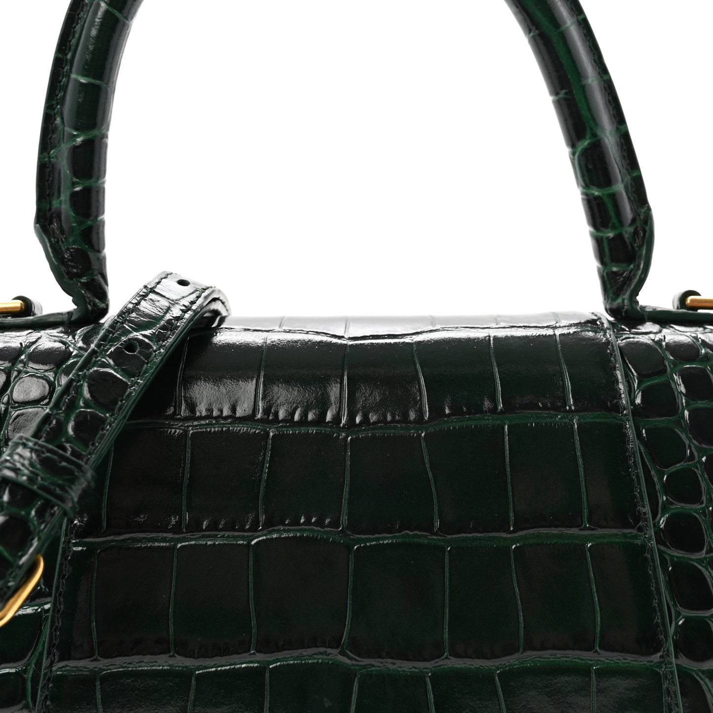 Shiny Calfskin Crocodile Embossed Small Hourglass Top Handle Bag Forest Green